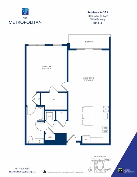 Floor plan for 1 bed, 1 bath, 1044 sqft